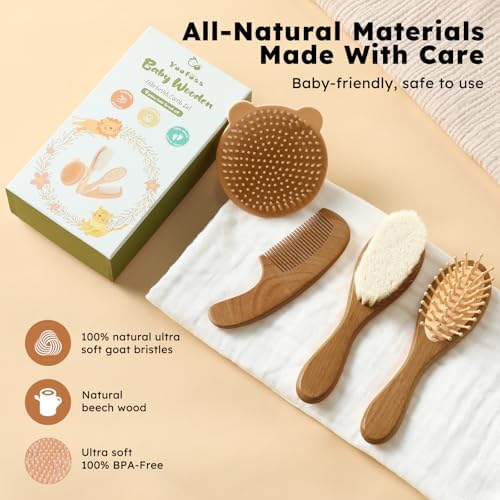 Yoofoss 4 Piece Baby Hair Brush and Comb Set, Wooden Baby Hair Brush with Natural Ultra Soft Goat Hair, Baby Comb Set for Boy, Girl - Walnut - Image 4