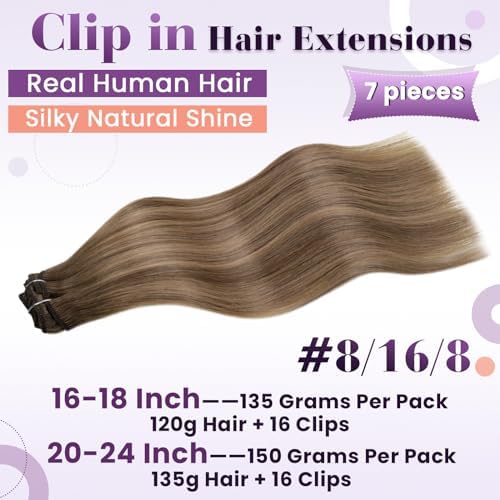 LaaVoo 135g Clip in Hair Extensions Real Human Hair Light Brown Balayage - Image 2