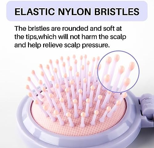 RHOS Hair Brush with Mirror for Women, Girls - Compact Folding Brush with Soft Nylon Bristles and Mirror - Portable Hair Brush for Travel (Purple) - Image 4