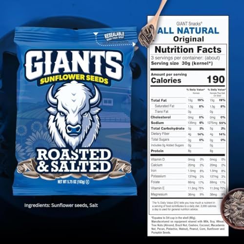 GIANTS Original Sunflower Seeds - Sunflower Seeds to Eat, Sunflower Seeds Bulk, Lightly Salted Sunflower Seeds for Eating, High Protein Snack - 5.75 oz Resealable Bags (Case of 12) - Image 2