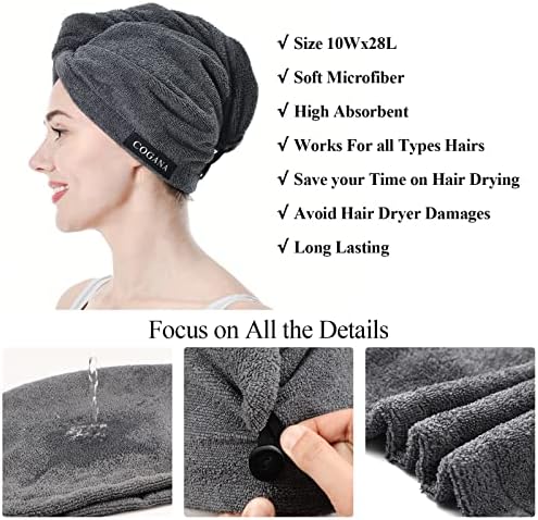 3Pack Grey Microfiber Hair Towel, Hair Towel Wrap for Women, Hair Drying Towel with Button, Hair Wrap Towel for Curly Hair, Hair Turban for Wet Hair (Grey 3 Pack, 10Wx28L) - Image 2