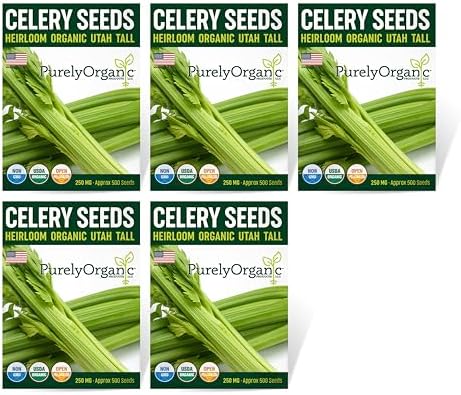 Organic Utah Tall Celery Seeds - USDA Organic, Non-GMO, Open Pollinated, Heirloom, USA Origin (5 Packets - 1.25 Grams - Approx 2500 Seeds) by Purely+Organic+Products+LLC