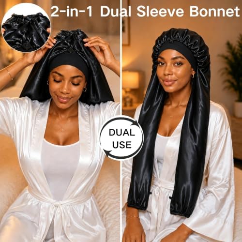 Isshin Beauty Satin Hair Bonnet for Sleeping Women: Dual Sleeve 2 in 1 Long Hair Protector Anti Frizz Sleep Cap - Image 3