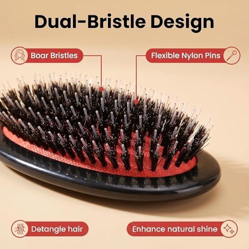 Boar Bristle Hair Brush for Women Men Painless Detangling Paddle Brush for Curly Fine Tangled Hair, Anti-frizz Boar Nylon Bristle Cushioned Brush, Includes Cleaning Tool - Image 2