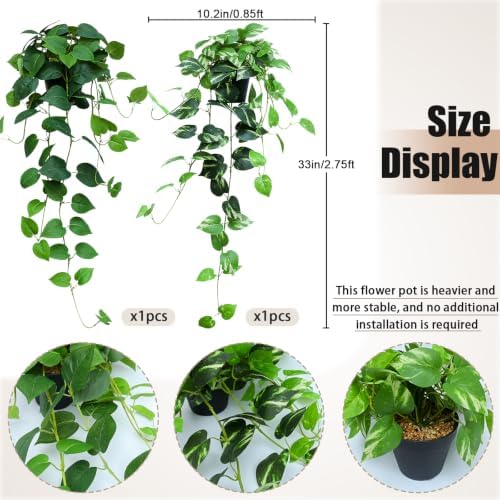 Fake Pothos Hanging Plants, 33" Set of 2 Artificial Hanging Plant with Pot, Faux Pothos Vines Hanging Plant Greenery for Wall Home Living Room Indoor Decor (2, Green Pothos and Golden Pothos) - Image 5