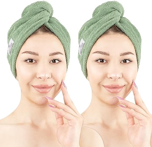 American Soft Linen 100% Cotton Hair Towels for Women, Head Towel Cap, Cotton Hair Turban Towel Wrap for Long Curly Anti Frizz Hair, Soft and Absorbent Cotton Hair Towels 2 Pack, Sage Green by AmericanSoftLinen