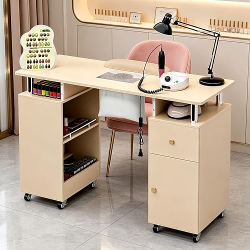 Manicure Table Nail Desk with Dust Collector & Wheels (Champagne) by HolaiNail