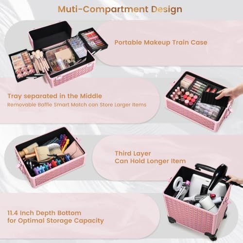 Rolling Makeup Case 4 IN 1 Cosmetology Case on Wheels Salon Case Nail Cart - Image 2