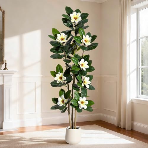 6 Inch Artificial Magnolia Tree with Pot, Faux Flower Tree with White Magnolia Blooms and Green Leaves, Potted Artificial Plant for Living Room, Bedroom, Office, Entryway, Store, Home Dector - Image 7