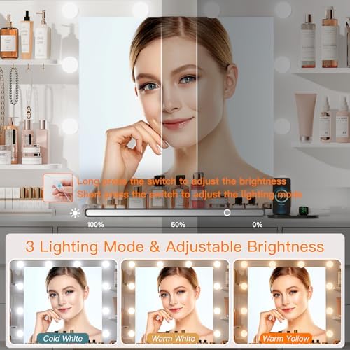 Quimoo Large Vanity Desk with LED Lighted Mirror & Power Outlet,Makeup Vanity Table with 7 Drawers,4 Shelves and 5 Hooks,Vanity Table, Vanity Desk Set for Bedroom,Bathroom,White - Image 4