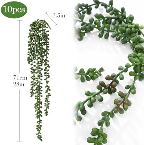 10 Pcs Artificial Succulents Hanging Plants, Fake String of Pearls Greenery Plants, Decoration for Wall Home Backdrop Garden Windows Balcony Indoor and Outdoor (10PCS Green) - Image 3