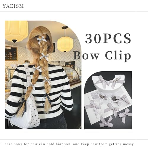 30PCS Grey Mini Bow Hair Clips - Satin Small Bows Non-Slip Barrettes - Silver Y2K Accessories for Women - Image 3