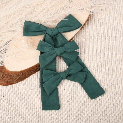 DEEKA Dark Green Cotton Linen Hair Bows 2 Sizes 5"&3.5" Soft Hair Bow set for Toddler Girls Long Ponytail Knot Bows Alligator Clip Hair Accessories for Little School Girls (Dark Green) - Image 7