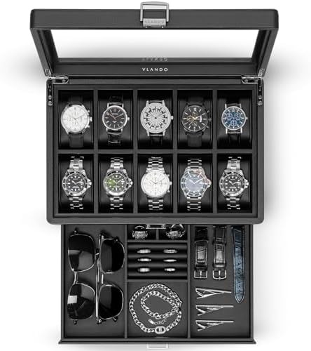 VLANDO Watch Box 10 Slots, Lockable Watch Case with Textured Leather, 2 Layer Watch Holder for Rings, Glasses, Mens Jewelry Box with Glass Lid, Removable Divider, Gifts for Father, Husband, Black by VLANDO
