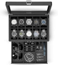 VLANDO Watch Box 10 Slots, Lockable Watch Case with Textured Leather, 2 Layer Watch Holder for Rings, Glasses, Mens Jewelry Box with Glass Lid, Removable Divider, Gifts for Father, Husband, Black by VLANDO