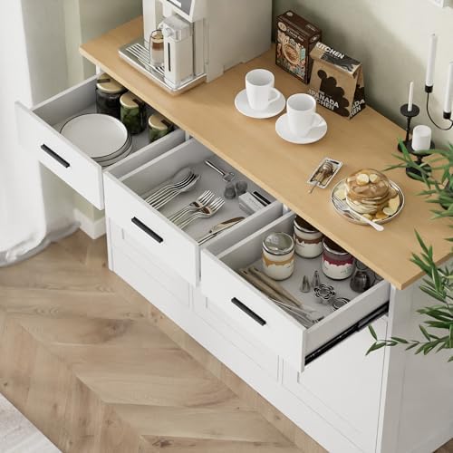Buffet Cabinet with Storage - Buffets & Sideboards Kitchen Storage Cabinet, Wood Console Table Coffee Bar Accent Cabinets for Living Room Dining Room Entryway Large 3 Doors & Drawers, White 47.2"W - Image 4