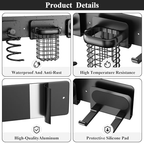 Tindbea Upgraded Aluminum Alloy Hair Dryer Holder Wall Mounted with Built-in Cord Wrap,3-in-1 Hair Tool Organizer for Blow Dryer, Curling Iron, and Straightener, Matte Black - Image 4