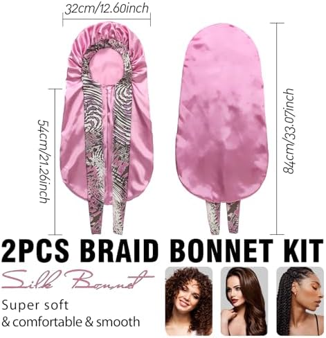 2Pcs Bonnets for Black Women Braid Bonnet, Large Long Satin Silk Bonnet for Braids,Black Women Braid Bonnet with Stretchy Tie Band for Sleeping Extra Long (Purple & Pink Pattern) - Image 5