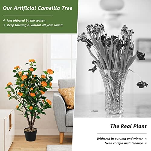 Goplus 40” Artificial Camellia Tree, Flower Plants Artificial Tree - Image 6