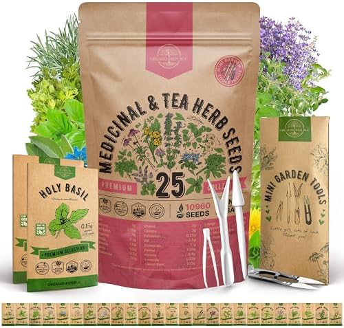 Organo Republic 25 Medicinal & Tea Herb Seeds Variety Pack for Indoor & Outdoors. 10900+ Non-GMO Heirloom Garden Seeds: Anise, Borage, Cilantro, Chamomile, Dandelion, Rosemary, Peppermint Seeds by OrganoRepublic