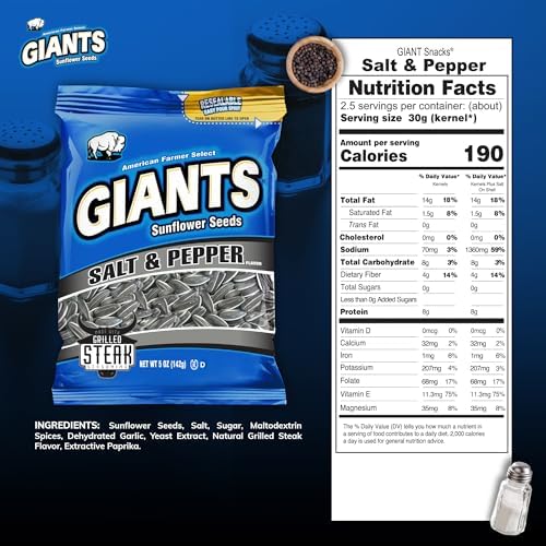 GIANTS Salt & Pepper Sunflower Seeds - Sunflower Seeds Bulk, Cracked Pepper Sunflower Seeds to Eat, Flavored Healthy Snack with 8g Protein Per Serving - 5 oz Bags (Pack of 3) - Image 2