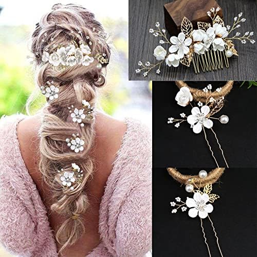 5 PCS Bridal Flower Wedding Hair Pins Crystal Pearl Hair Clips Headpiece Gold Wedding Hair Accessories Jewelry with Rhinestone for Brides Bridesmaids Women Girls Updo (Pure White Flower) - Image 4