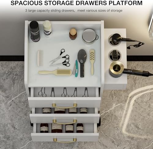 Beauty Salon Storage Trolley Cart, Mobile Hair Salon Station Hairdressing Tools Organizer Cabinet with 3 Drawers, Hair Dryer Holders and Lockable Rolling Wheels (White Gold) - Image 5