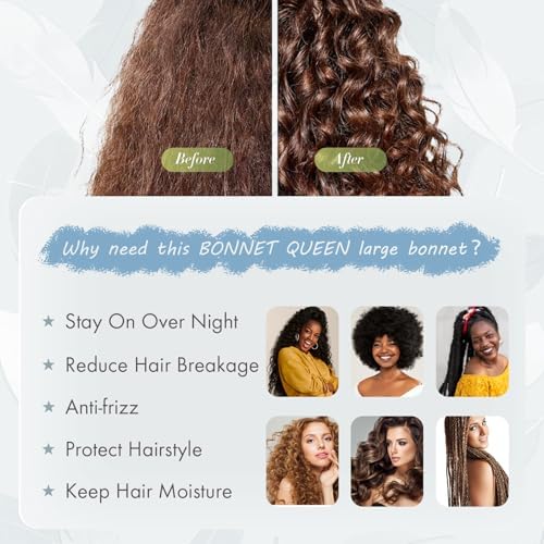 BONNET QUEEN XL Large Silk Like Bonnet for Sleeping for Curly Hair,Satin Bonnet with Adjustable Tie Band, Light Blue - Image 5