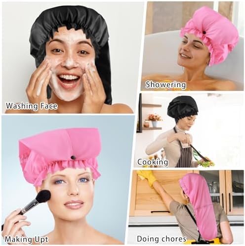 2 Pcs Large Shower Cap for Braids, Extra Long Shower Cap for Women Long Hair & Locs, Waterproof Hair Bonnets for Dreadlocks Drawstring Bath Caps for Women & Men (Black, Pink) - Image 7
