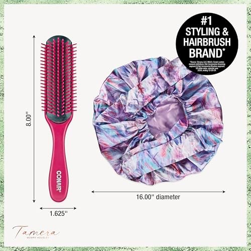 CONAIR x Tamera Mowry Collection Satin Swirl Print Hair Bonnet with bonus Curl Definition Brush - Nylon Bristle hairbrush - curl smoothing hair brush - features removable bristles - tie hair cap - Image 6
