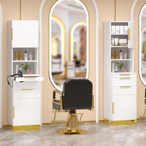 OmySalon Salon Stations for Hair Stylist, Barber Station with 3 Drawers & 2 Storage Cabinet & Hair Dryer Holders, Modern Beauty Salon Spa Equipment for Barbershop, White Gold - Image 2