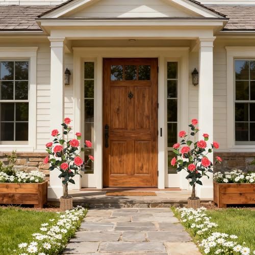 2Pack Artificial Camellia Tree, 3Ft Pink Faux Camellia Plant in Pot - Image 6