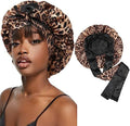 CHLINS Satin Bonnet Silk Sleep Cap for Women - Stretchy Tie Band Hair Cap for Curly Hair - Silk Wrap (Black+Leopard Print) by CHLINS