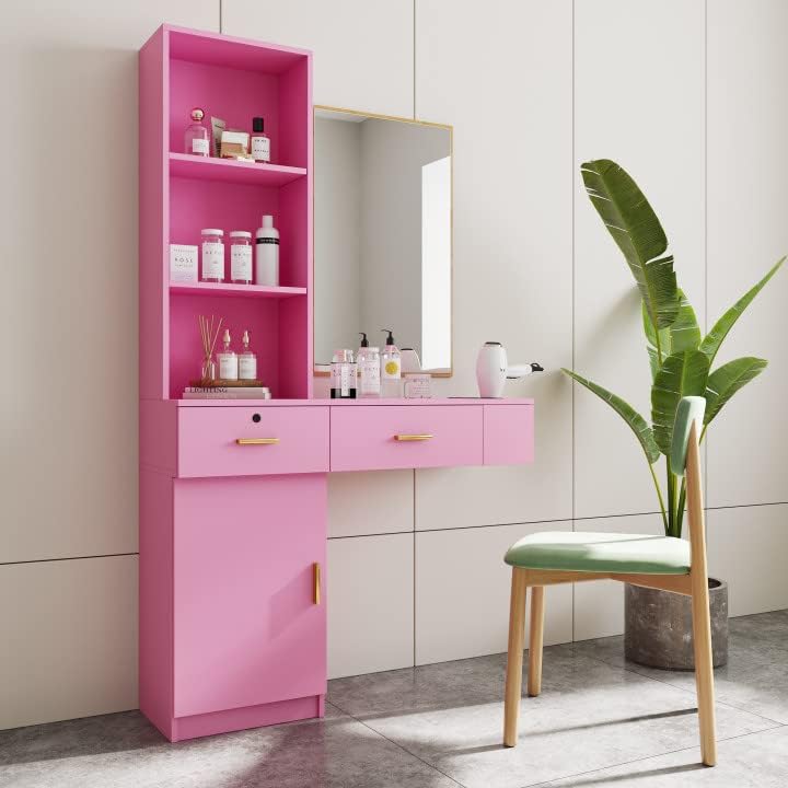 KIMAKA Wall Mount Barber Stations, Modern Simple Hair Styling Salon Equipment W/ 3 Open Shelves, Lockable Left Shelf (Pink) - Image 2