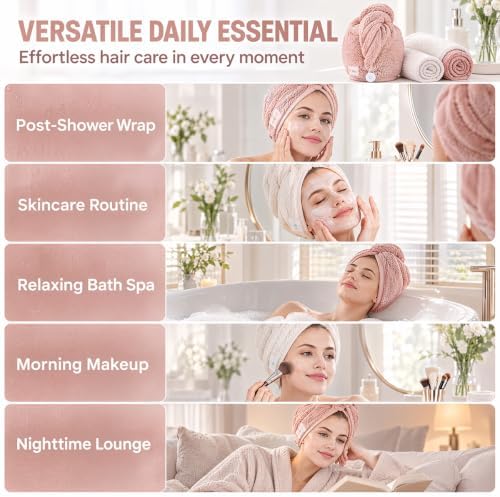 M-bestl 2 Pack Microfiber Hair Towel Wrap with Button,Quick Dry(Pink&Beige) - Image 5