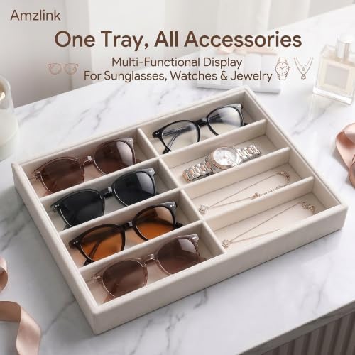 Amzlink® Sunglass Organizer Tray, 8 Slot Velvet Glasses Holder for Eyeglasses, Sunglasses, Jewelry & Watch Display, Men's/Women's Drawer Dresser Vanity Nightstand Storage, Beige - Image 6