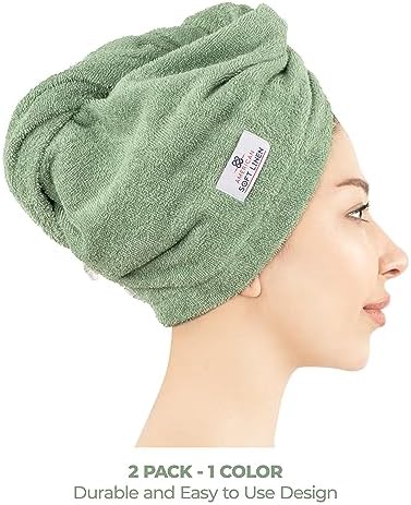 American Soft Linen 100% Cotton Hair Towels for Women, Head Towel Cap, Cotton Hair Turban Towel Wrap for Long Curly Anti Frizz Hair, Soft and Absorbent Cotton Hair Towels 2 Pack, Sage Green - Image 2