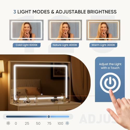 DUMOS 35" Large Vanity Desk with LED Lights Mirror & Charging Station - Image 3