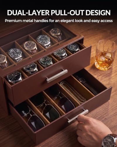 ProCase 10-Slot Watch Case for Men, 2-Tier Pull-Out Drawer Sunglasses Box - Image 3