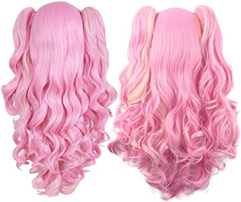 MapofBeauty Lolita Long Curly Clip on Ponytails Cosplay Wig, Pink/Blonde - Image 3