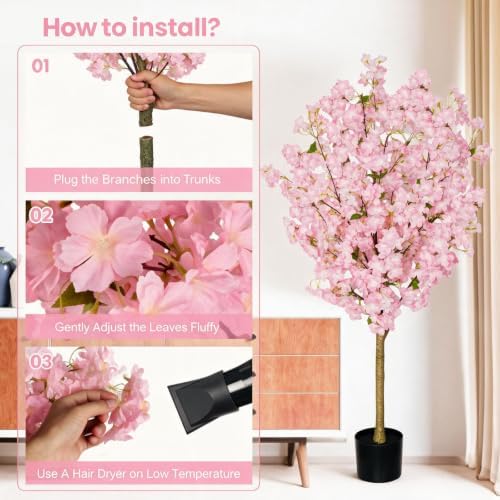 Artificial Cherry Blossom Tree, 4FT Tall Faux Pink Flower Tree with Black Pot, Realistic Silk Blossom Plant for Home Living Room Office Patio Decor, Indoor Outdoor Fake Floral Tree for Wedding Party - Image 4