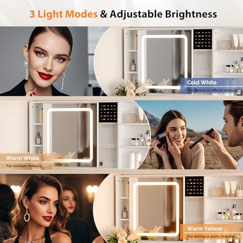 VINGLI Vanity Desk with Sliding Mirror and Lights, Glass Top Makeup Vanity Table w/Glass Cabinets w/Hidden Jewelry Storage & Power Outlets & Hairdryer Holder, 43in White Dressing Table Gifts Girls - Image 5