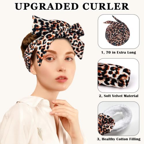 Gwabee Heatless Curls Overnight Hair Curlers to Sleep In, 9 PCS Velvet Heatless Hair Curler Overnight Curls for Women Long Hair Volumes, Heatless Curling Waves Set with Sleep Bonnet - Orange Leopard - Image 3