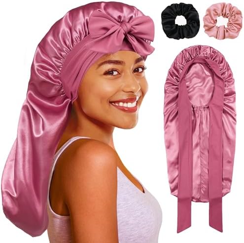 vidsel Long Bonnet with Tie, Satin Silk Sleep Bonnets for Women +Scrunchie by vidsel