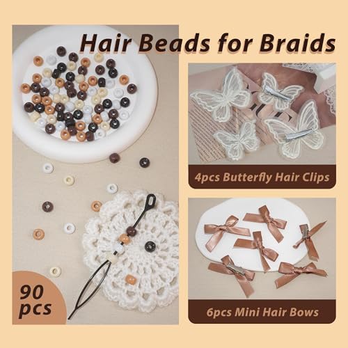 100PCS Hair Beads for Braid 3 Styles Mini Hair Bows Brown Butterfly Hair Clips Gradient Loc Dreadlock Hair Jewelry Boho Braids Decoration Kit for Women Girls - Image 5