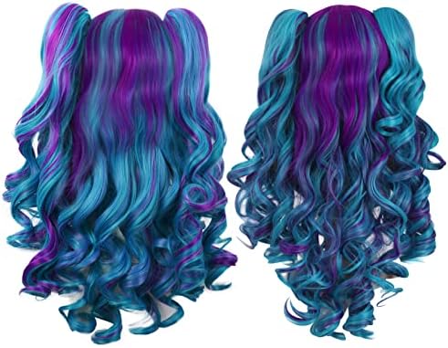 MapofBeauty Lolita Long Curly Clip on Ponytails Cosplay Wig, Purple/Teal - Image 3