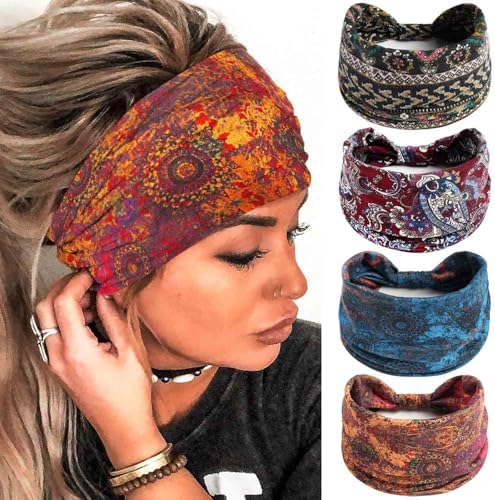 Olbye Wide Boho Headbands Floral Stretch Head Wraps Bohemian African Turban Hairbands Knotted Bandana Headband Yoga Running Head Scarfs Workout Hair Accessories for Women 4Pcs (Boho, 9.4 * 5.9'') by Olbye