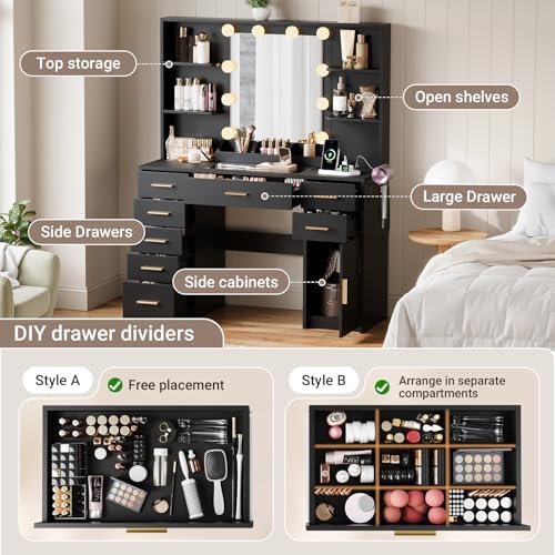 ELYKEN Makeup Vanity Desk with Mirror and Lights, Glass Top, Black - Image 4