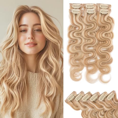 Rich Choices Clip In Hair Extension Real Human Hair-Wave/Curly 6 Pcs Single Clip Hairs Extension for Women-Invisible Mini Clips in Hairpieces-16 Inch #12P613 Golden Brown Highlighted Bleach Blonde by RichChoices