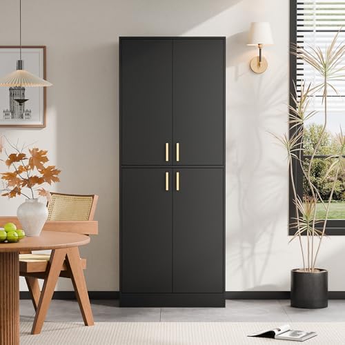Cozy Castle Kitchen Pantry Cabinet, 71" Tall Wood Storage Cabinet with Doors and Shelves 4 Doors Freestanding Cupboard for Dining Room Living Room Furniture, Black - Image 4